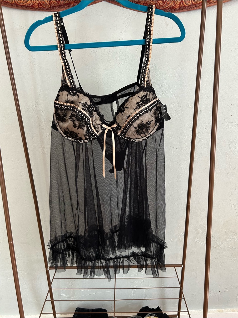 Sheer Black Lace Babydoll Chemise with Nude Underlay